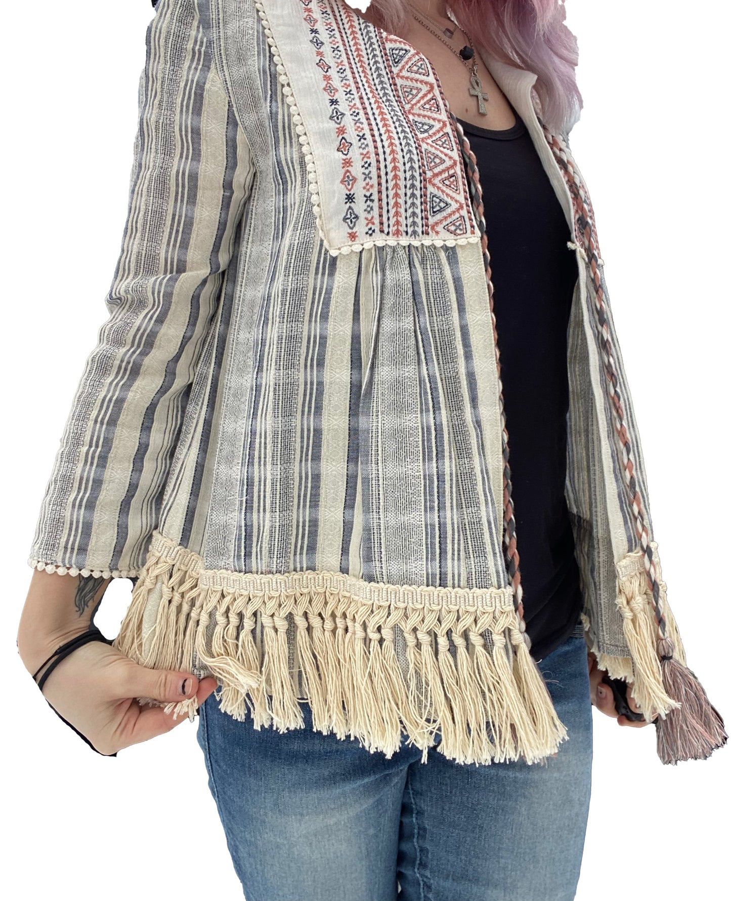 Knox Rose Boho Embroidered Tassle Stripe Jacket - XS