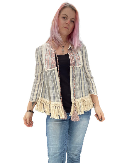 Knox Rose Boho Embroidered Tassle Stripe Jacket - XS